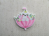 First view of the Bunny in a Pink Umbrella Needle Minder