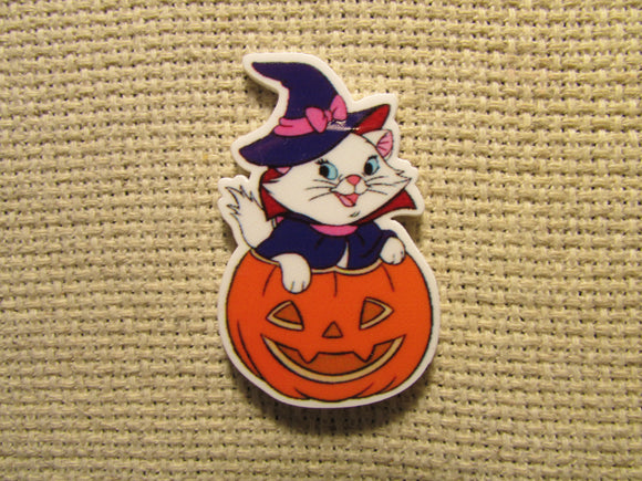 First view of the Cute White Kitty in a Jack O Lantern Needle Minder