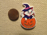 Second view of the Cute White Kitty in a Jack O Lantern Needle Minder