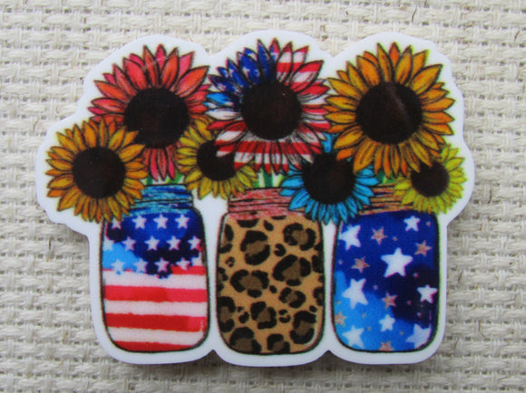 First view of the Trio of Patriotic Sunflowers in Mason Jar Vases Needle Minder