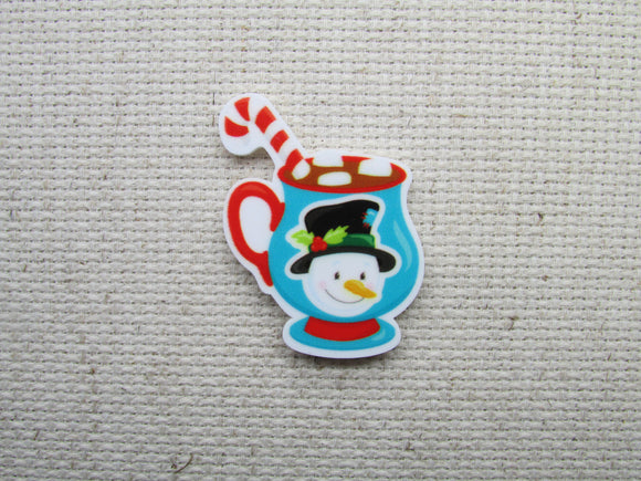 First view of the Snowman Mug of Cocoa with a Candy Cane Needle Minder