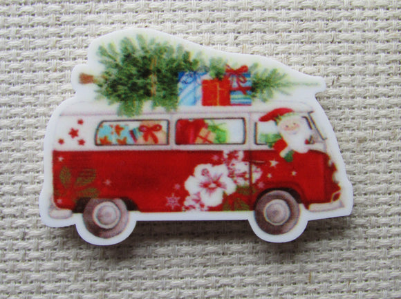 First view of the Santa Driving a Christmas Van Loaded with Gifts and Topped off with a Tree Needle Minder, Cover Minder, Magnets 