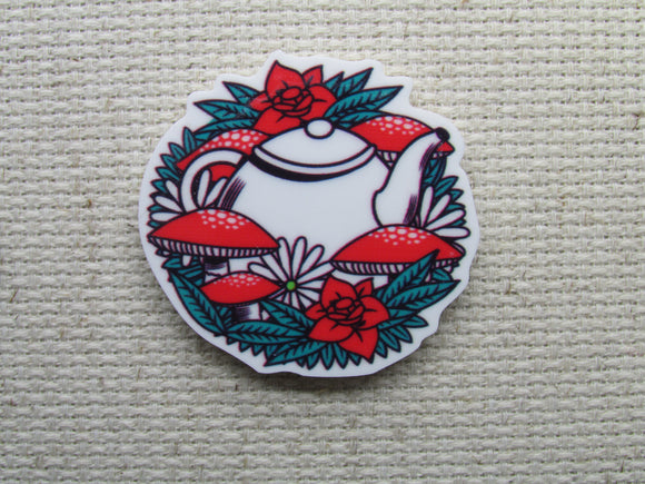 First view of the White Teapot Surrounded By Red Mushrooms Needle Minder 