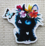 Second Photo Cute Black Kitty with Hawaiian Flowers and a Beautiful Blue Butterfly Needle Minder