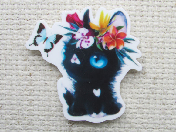 First view of the Cute Black Kitty with Hawaiian Flowers and a Beautiful Blue Butterfly Needle Minder  
