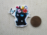 Third view of the Cute Black Kitty with Hawaiian Flowers and a Beautiful Blue Butterfly Needle Minder 