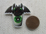 Toothless in a Dragon Coffee Cup Needle Minder with a penny