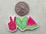 Second view of Peace, Love, Watermelon Needle Minder.