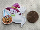 Second view of cartoon ghost with a pumpkin bucket needle minder. 