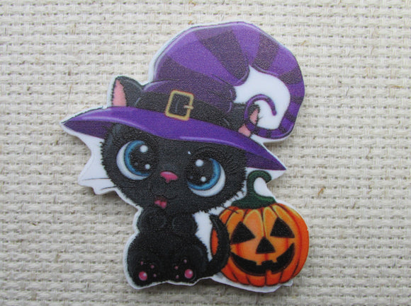 First view of Black Witch Cat with a Jack-O-Lantern Needle Minder.