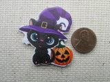 Second view of Black Witch Cat with a Jack-O-Lantern Needle Minder,.
