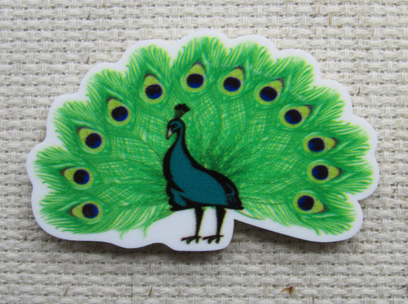 First view of beautiful peacock needle minder.