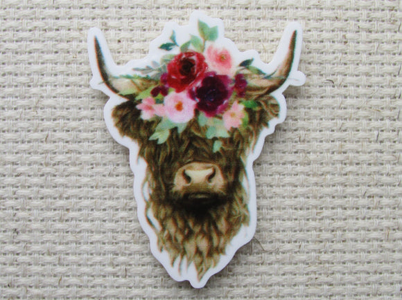 First view of Flowery Highland Cow Needle Minder.