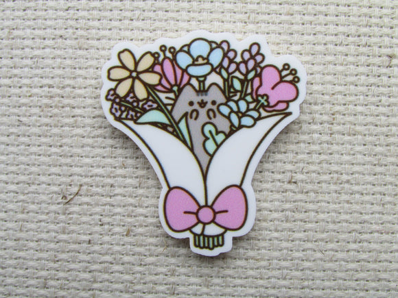 First view of Grey Kitty Hiding in A Bouquet of Flowers Needle Minder.