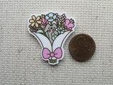 Second view of Grey Kitty Hiding in A Bouquet of Flowers Needle Minder.