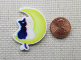 Second view of Black Moon Cat on a Yellow Moon Needle Minder.