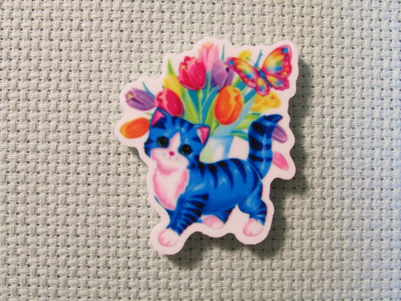 First view of the Stripped Blue Flower Kitty Needle Minder