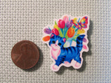 Second view of the Stripped Blue Flower Kitty Needle Minder