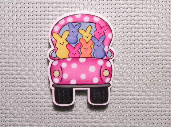 First view of the White Polka Dot Pink Peep Truck Needle Minder