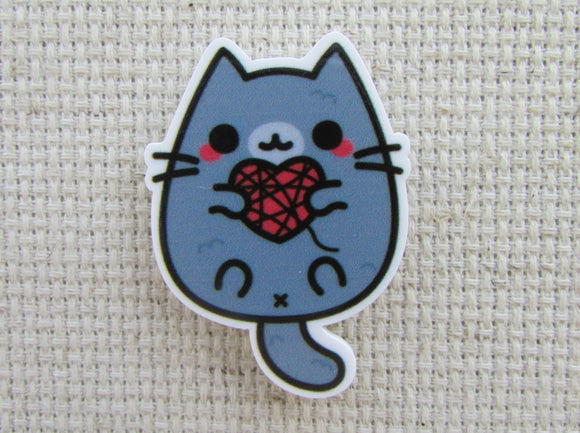 First view of Cute Grey Kitty Holding a Ball of Heart Shaped Yarn Needle Minder.