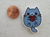 Second view of Cute Grey Kitty Holding a Ball of Heart Shaped Yarn Needle Minder.